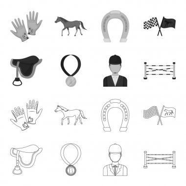 Eyer, madalya, şampiyon, kazanan. Hipodrom ve at anahat, tek renkli stil vektör simge stok çizim web simgeler ayarla.