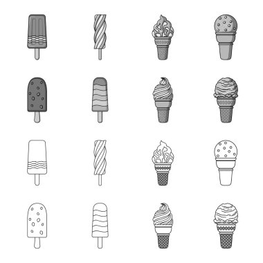 Bir gözleme koni ve diğer türler bir sopa dondurma. Dondurma toplama simgeler anahat, tek renkli stil vektör simge stok çizim web ayarla..