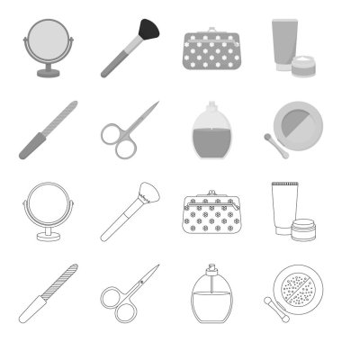 Tırnak törpüsü, makaslar, çivi, parfüm, pudra fırçası ile için. Makyaj Koleksiyonu simgeleri anahat, tek renkli stil vektör simge stok çizim web ayarlamak..