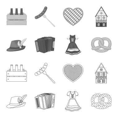 Tirol şapka, akordeon, elbise, tuzlu kraker. Oktoberfest toplama simgeler anahat, tek renkli stil vektör simge stok çizim web ayarla..