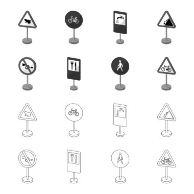 Yol işaretleri farklı türleri Anahat, set koleksiyonu tasarım için tek renkli simgeler. Uyarı ve yasağı işaretler sembol stok web illüstrasyon vektör.
