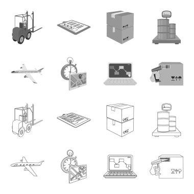 Nakliye uçakları, saat, bilgisayar muhasebe, denetim ve muhasebe malların teslim. Lojistik ve dağıtım toplama simgeler izometrik vektör simge stok anahat, tek renkli stil ayarla