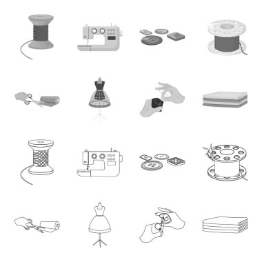 Kumaş makastan kesme kumaşlar, dikiş, el mankeni giyim için. Dikiş ve ekipman anahat, tek renkli stil vektör simge stok çizim web simgeler ayarla.