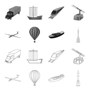 Bir dron, bir planör, bir balon, bir ulaşım mavna, bir uzay roketi taşıma modları. Taşıma anahat, tek renkli stil vektör simge stok çizim web simgeler kümesi.