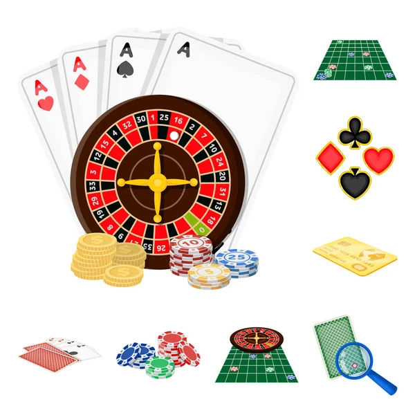 Casino a zařízení karikatura ikony v nastavení kolekce pro design. Hazard a peníze vektorové ilustrace symbolů akcií web. — Stockový vektor