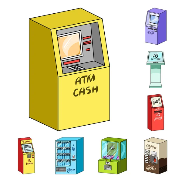 Variedade de terminais ícones de desenhos animados na coleção de conjuntos para design. ATM e dispositivo de negociação símbolo vetorial web ilustração . — Vetor de Stock