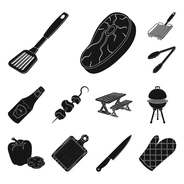 Barbacoa y equipamiento iconos negros en colección de set para diseño. Picnic y comida frita vector símbolo stock web ilustración . — Vector de stock