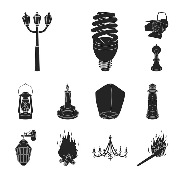 Fonte de luz ícones pretos na coleção de conjuntos para design. Luz e equipamento símbolo vetorial ilustração web stock . — Vetor de Stock