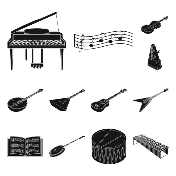 Musikinstrument schwarze Symbole in Set-Kollektion für Design. Saiten- und Blasinstrument isometrisches Vektor-Symbol Stock Web Illustration. — Stockvektor