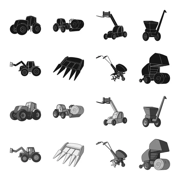 Motoblock e outros dispositivos agrícolas. Conjunto de máquinas agrícolas ícones de coleção em preto, estilo monocromático símbolo vetorial estoque ilustração web . —  Vetores de Stock