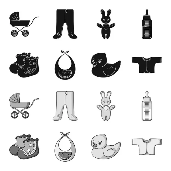 Zokni, vállpántos, játék kacsa, raspashonka. Baby born set gyűjtemény ikonok-ban fekete, fekete-fehér stílus vektor szimbólum stock illusztráció web. — Stock Vector