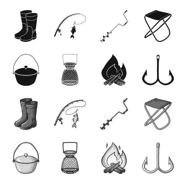 Fångst, krok, mesh, caster. Fiske som samling ikoner i svart, svartvit stil vektor symbol stock illustration web. — Stock vektor