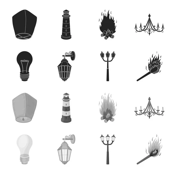 Luz LED, lâmpada de rua, ícones de coleção de conjunto de fonte de luz match.Light em preto, estilo monocromático símbolo vetorial estoque ilustração web . — Vetor de Stock