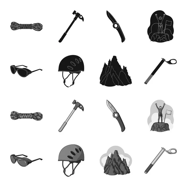 Helm, Brille, Keilsicherung, Gipfel in den Wolken. Bergsteigen Set Sammlung Symbole in schwarz, monochromen Stil Vektor Symbol Stock Illustration Web. — Stockvektor