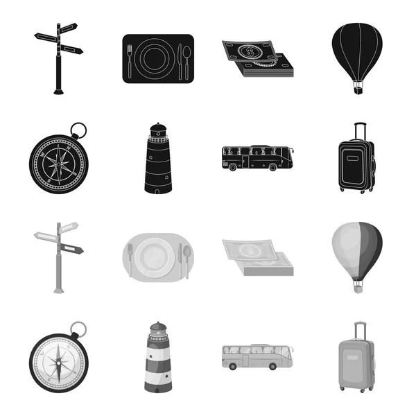 Vacaciones, viajes, faro, brújula. Iconos de colección conjunto de descanso y viaje en negro, estilo monocromo vector símbolo stock ilustración web . — Vector de stock