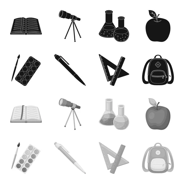 Veelkleurige verf met een kwast, pen, driehoek en liniaal, tas, aktetas. School en onderwijs instellenin collectie iconen zwart, zwart-wit stijl vector symbool stock illustratie web. — Stockvector