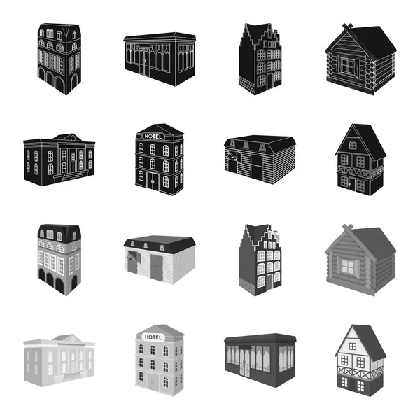 Das Museumsgebäude, ein dreistöckiges Hotel, ein Pferdestall an der Rennbahn, ein Wohnhaus. Architektur- und Gebäude-Set Sammlungssymbole in schwarz, monochromen Stil Vektor-Symbol Stock Illustration — Stockvektor