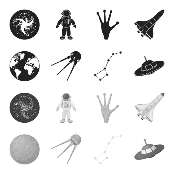 Planeta Tierra con continentes y océanos, satélite volador, Ursa Mayor, OVNI. Espacio conjunto colección iconos en negro, estilo monocromo vector símbolo stock ilustración web . — Vector de stock