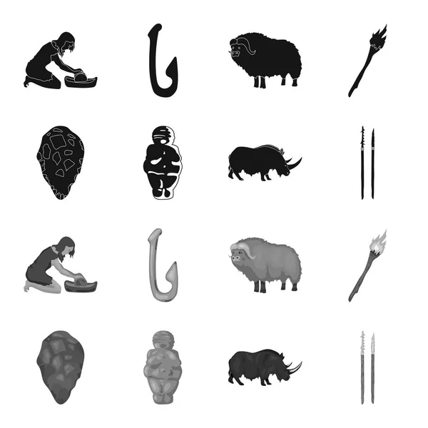Primitivo, mujer, hombre, ganado. Iconos de colección conjunto de edad de piedra en negro, estilo monocromo vector símbolo stock ilustración web . — Vector de stock