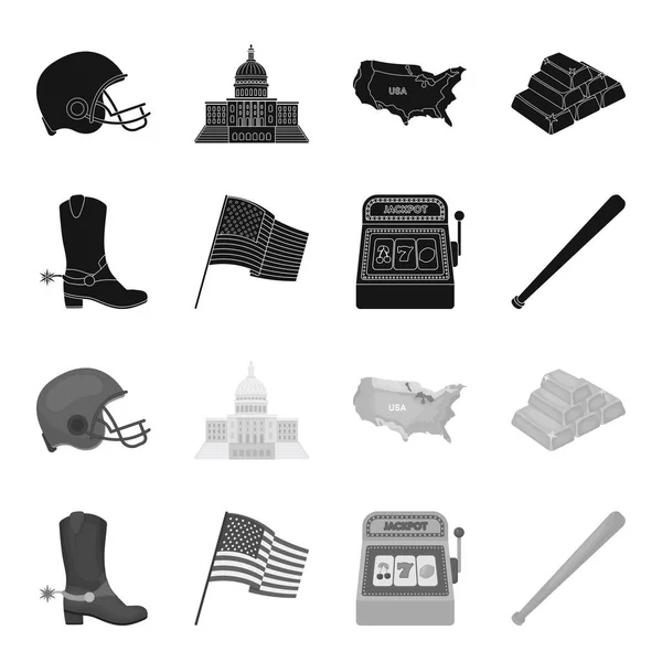 Botas de vaquero, bandera nacional, máquina tragaperras, bate de béisbol. EE.UU. país conjunto de iconos de colección en negro, el estilo monocromo vector símbolo stock ilustración web . — Vector de stock