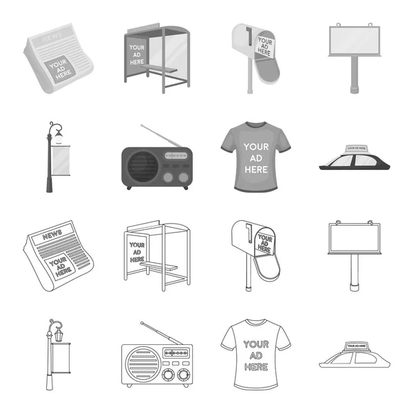 Un lampadaire avec un signe, un T-shirt avec une inscription, une radio, un toit de voiture.Publicité, ensemble des icônes de la collection dans le contour, monochrome style vectoriel symbole illustration web . — Image vectorielle
