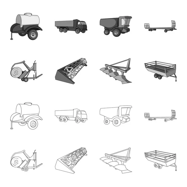 Plöja, kombinera thresher, trailer och andra jordbruks-apparater. Jordbruksmaskiner som samling ikoner i disposition, svartvit stil vektor symbol stock illustration web. — Stock vektor