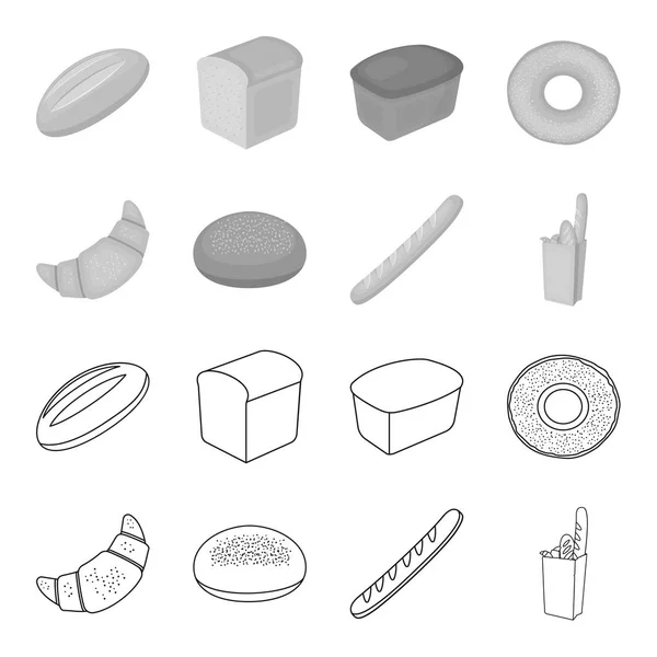 Pan redondo de centeno, un croissant, un pan francés, una bolsa de pan. Iconos de colección conjunto de pan en el contorno, el estilo monocromo vector símbolo stock illustration web . — Vector de stock