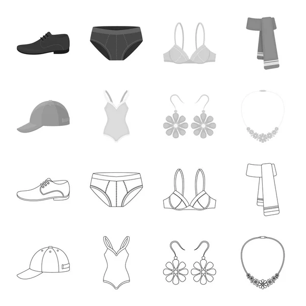 Gorra, pendientes, collar, traje de baño. Conjunto de ropa colección iconos en el contorno, el estilo monocromo vector símbolo stock ilustración web . — Archivo Imágenes Vectoriales