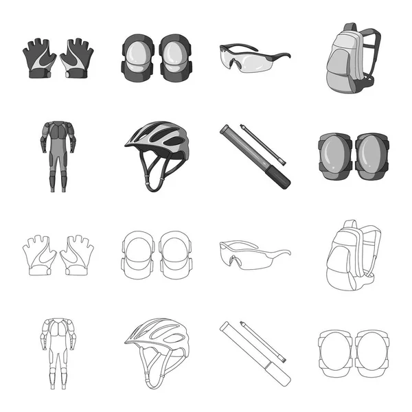 Traje de cuerpo completo para el jinete, casco, bomba con una manguera, protectores de rodilla.Equipo de ciclista conjunto de iconos de la colección en el contorno, el estilo monocromo vector símbolo stock illustration web . — Vector de stock