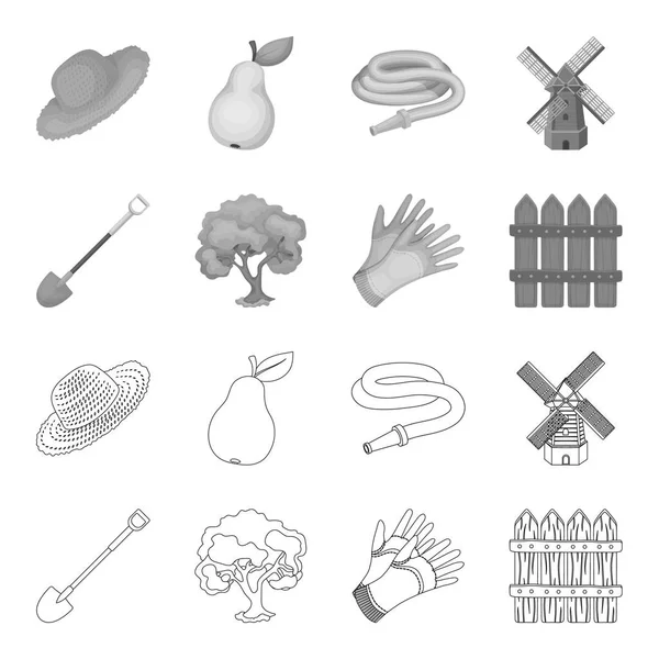Una pala con un mango, un árbol en el jardín, guantes para trabajar en una granja, una cerca de madera. Granja y jardinería conjunto de iconos de la colección en el contorno, el estilo monocromo vector símbolo stock ilustración web . — Vector de stock