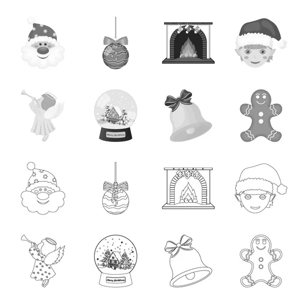 Engel, Glasschale, Lebkuchen und Glockenumriss, monochrome Ikonen in Set-Kollektion für Design. weihnachten vektor symbol stock web illustration. — Stockvektor