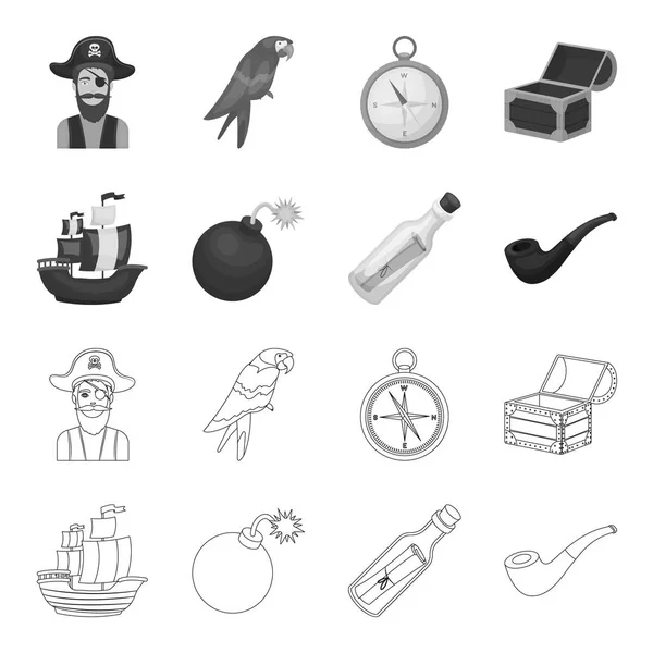 Pirata, bandido, barco, vela .Pirates conjunto de iconos de la colección en el contorno, el estilo monocromo vector símbolo stock illustration web . — Vector de stock