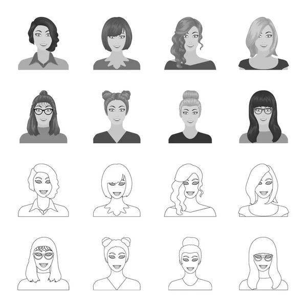 Le visage d'une fille avec des lunettes, une femme avec une coiffure. Visage et apparence ensemble icônes de la collection dans les grandes lignes, monochrome style vectoriel symbole illustration web . — Image vectorielle