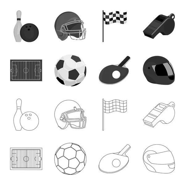 Feld, Stadion mit Markierungen zum Fußballspielen, Fußballball, Schläger mit Ball für Tischtennis, Schutzhelm für das Spiel, Handschuh für Baseball oder Rugby. Sport Set Sammlung Symbole in Umrissen — Stockvektor