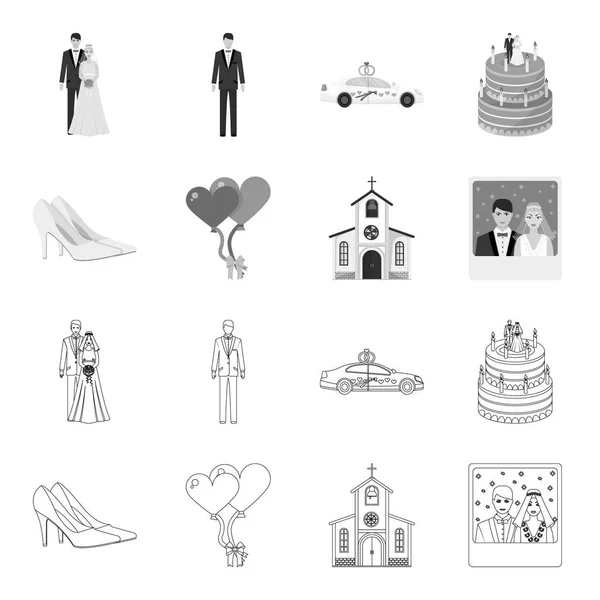 Casamento e Atributos esboço, ícones monocromáticos em coleção de conjuntos para design.Newlyweds e Acessórios símbolo vetorial web ilustração . — Vetor de Stock