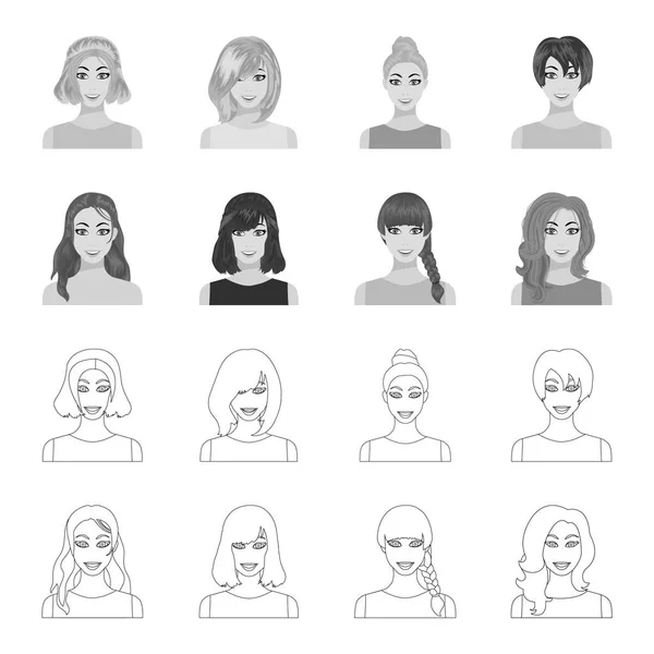 Tipos de penteados femininos esboço, ícones monocromáticos na coleção de conjuntos para design. Aparência de uma mulher vetor símbolo web ilustração . —  Vetores de Stock