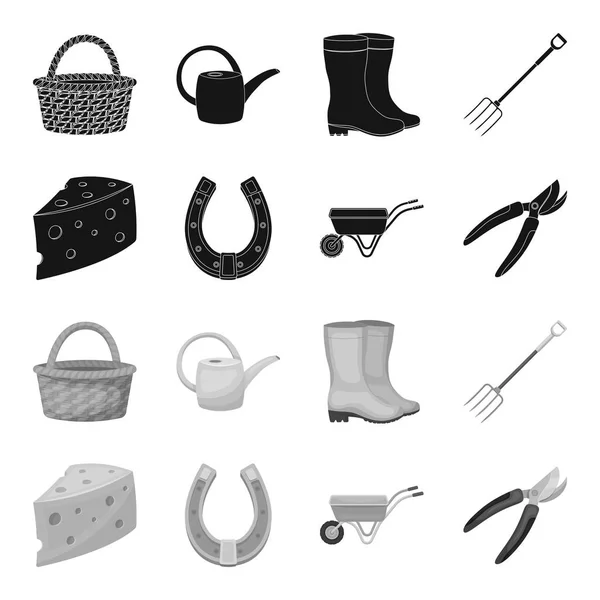 Cheese with holes, a trolley for agricultural work, a horseshoe made of metal, a pruner for cutting trees, shrubs. Farm and gardening set collection icons in black,monochrome style vector symbol stock Royalty Free Stock Vectors