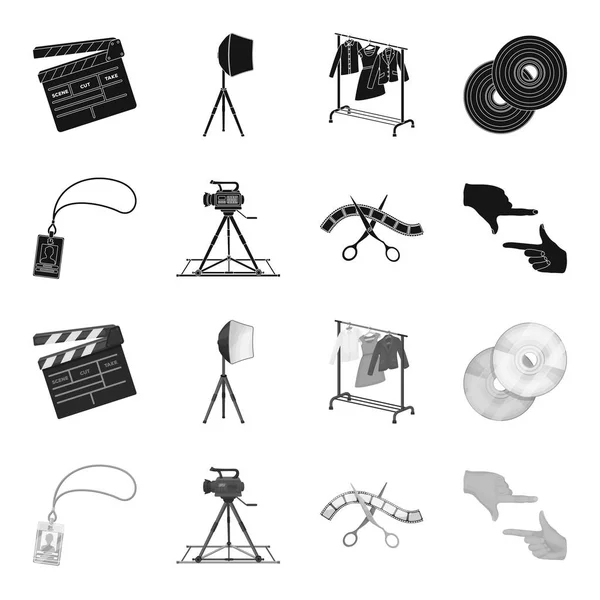 Badge, operator gesture and other accessories for the movie. Making movie set collection icons in black,monochrome style vector symbol stock illustration web. Royalty Free Stock Illustrations