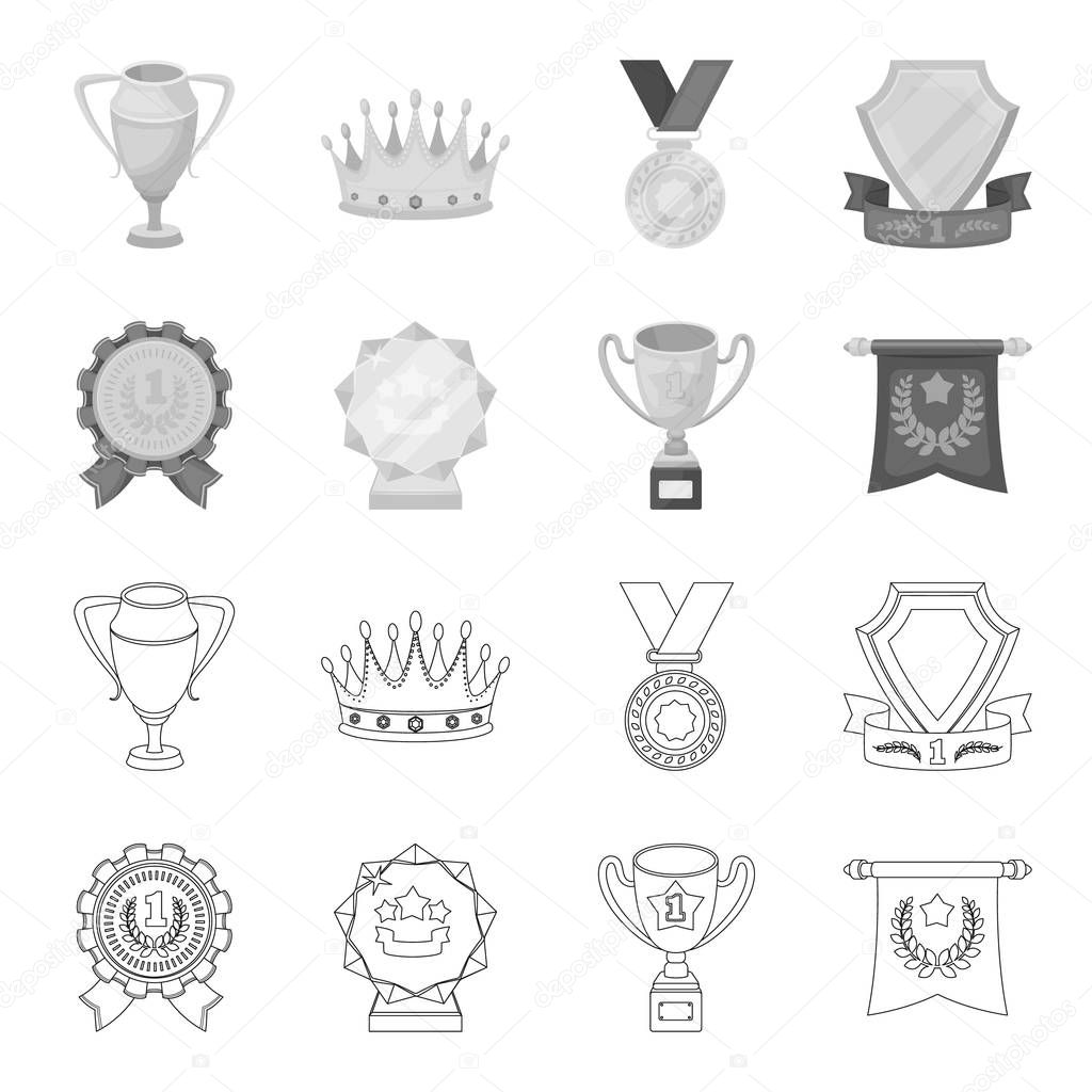 An Olympic medal for the first place, a crystal ball, a gold cup on a stand, a red pendant.Awards and trophies set collection icons in outline,monochrome style vector symbol stock illustration web.