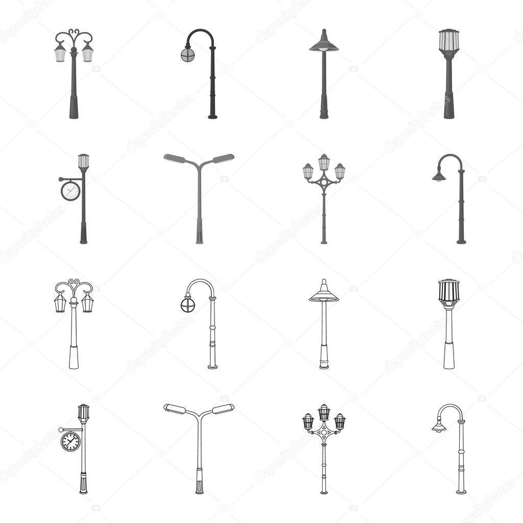 Lamppost in retro style,modern lantern, torch and other types of streetlights. Lamppost set collection icons in outline,monochrome style vector symbol stock illustration web.