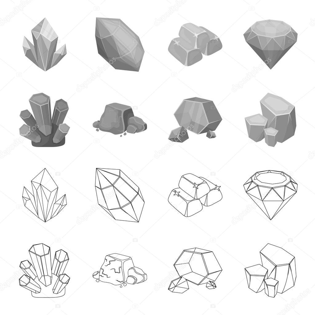 Crystals, iron ore. Precious minerals and a jeweler set collection icons in outline,monochrome style vector symbol stock illustration .