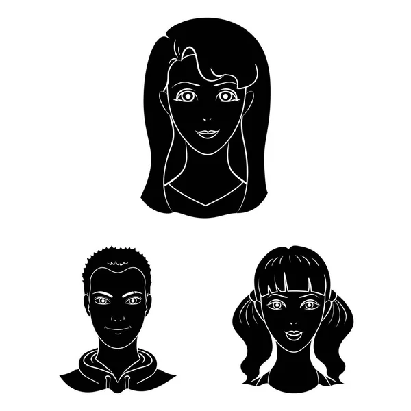 Set koleksiyonu tasarım için simgeler siyah avatar ve yüz. Bir kişi görünümü vektör simge stok web çizim. — Stok Vektör
