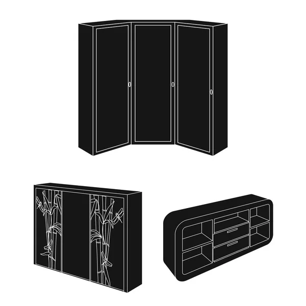 Móveis de quarto ícones pretos na coleção de conjuntos para design. Mobília de madeira moderna símbolo vetorial isométrico ilustração web estoque . — Vetor de Stock