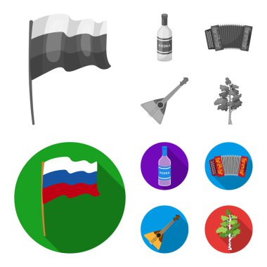 Rusya, ülke, votka, akordeon. Rusya ülke toplama simgeler tek renkli, düz stil vektör simge stok çizim web ayarla..