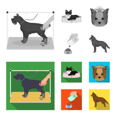 Bir tembel, bir namlu bir hayvan, bir besleme ile bir kase, çoban köpeği dişlerini bir top ile bir köpek. Evcil Hayvan, köpek bakım toplama simgeler tek renkli, düz stil vektör simge stok çizim web ayarla.