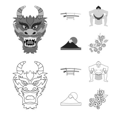 Dragon maskesi, katano, bir adam bir sumo, fujiama dağ ismi. Japonya toplama simgeler anahat, tek renkli stil vektör simge stok çizim web ayarla..