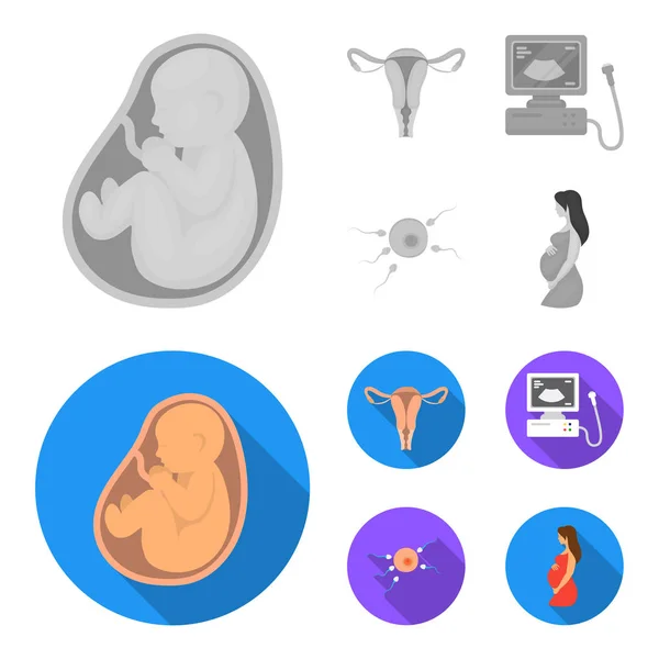 Utero, apparecchio di ecografia, fecondazione. Set gravidanza icone di raccolta in monocromatico, stile piatto vettore simbolo stock illustrazione web . — Vettoriale Stock