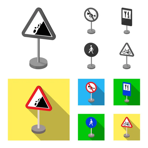 Diversi tipi di segnali stradali monocromatici, icone piatte in collezione set per il design. Segnali di avvertimento e divieto simbolo vettore stock web illustrazione . — Vettoriale Stock