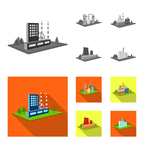 Fabryka przetwarzania, metalurgicznych. Fabryki i przemysł zestaw kolekcji ikon w trybie monochromatycznym, www ilustracji symbol wektor izometryczny płaski. — Wektor stockowy