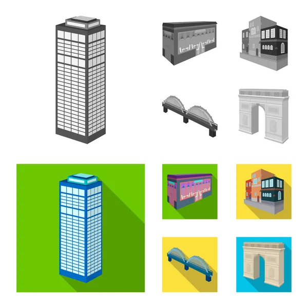 Arc de Triomphe in Parijs, gewapend brug, café, gebouw, huis in Scandinavische stijl. Architectuur en bouw set collectie iconen in monochroom, vlakke stijl vector symbool stock illustratie web. — Stockvector